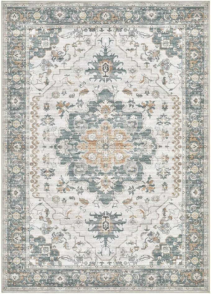 EIEIHOUSE Washable Area Rugs for Living Room -10x14 Neutral Vintage Distressed Floral Farmhouse Boho Large Soft Floor Rug Indoor Non Slip Carpet for Living Room Bedroom Dining Room Office -Green/Grey