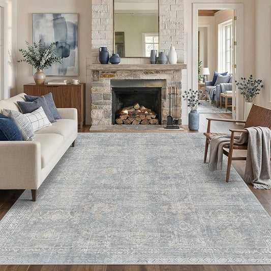 Rugxara 6x9 Area Rugs for Living Room Bedroom, Large Washable Rug, Blue Vintage Retro Boho Rug, Non Slip & Low Pile Faux Wool Thin Carpet for Indoor Dining Room and Kids Room(Blue/Beige 6x9ft)