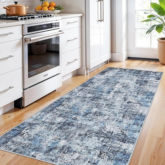 3x7 Washable Non-Slip Kitchen Runner Rug – Modern Abstract Neutral Beige & Gray Carpet for Hallway, Entryway, Bedroom, Laundry Room – Low-Pile Thin Wide Floor Runner with Rubber Backing(Blue)
