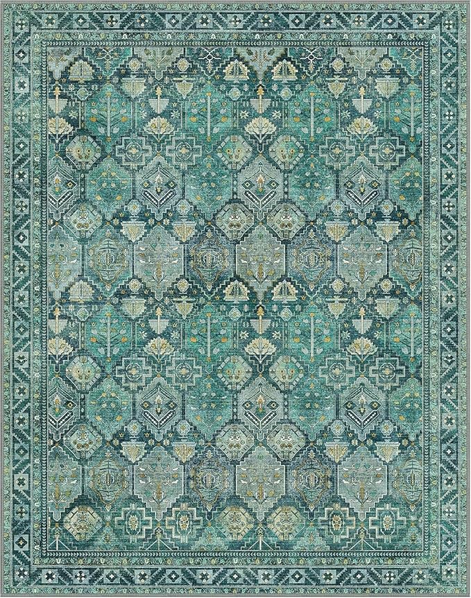 Bavni Washable Rug 9x12 Area Rug for Living Room Bedroom Dining, Washable Vintage Print Carpet, Ultra-Thin Chenille Low Pile Lightweight Rug with Non Slip Backing, Dark Green