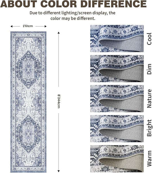 2x8 Washable Hallway Runner Rug - Kitchen Rugs with Non Slip Backing Vintage Soft Farmhouse Entryway Mat for Living Room Laundry Bedroom Bathroom Navy/Blue