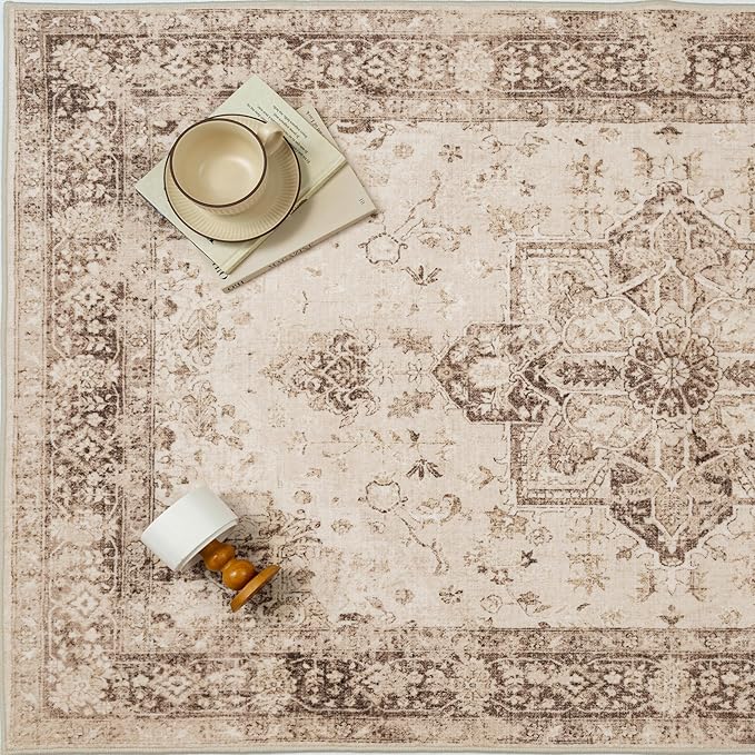 PureCozy Brown 5x7 Area Rug Washable Vintage Living Room Carpet Non Slip Retro Distressed Low Pile Soft Oriental Medallion Thin Throw Rug for Kitchen Bathroom Office Bedroom Dining Room