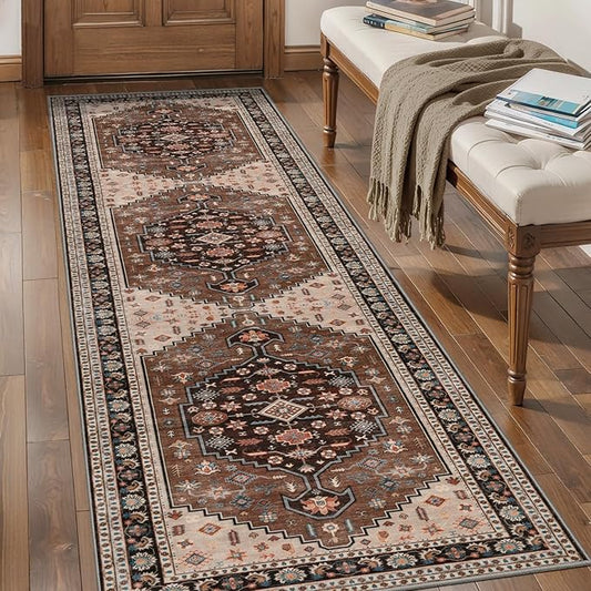 Tangsoo 2.6x8 Runner Rug for Hallways,Washable Non Slip Vintage Kitchen Runner Rug,Boho Brown Beige Soft Print Distressed Low Pile Floor Carpet for Bedroom Bathroom Laundry Room