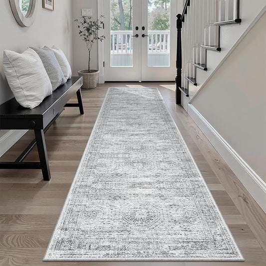 Soalmost Runner Rug 2'x8' Washable Non-Slip Runner Rugs for Kitchen Bathroom Laundry Room Grey Vintage Floor Carpet Runners for Hallway Entryway