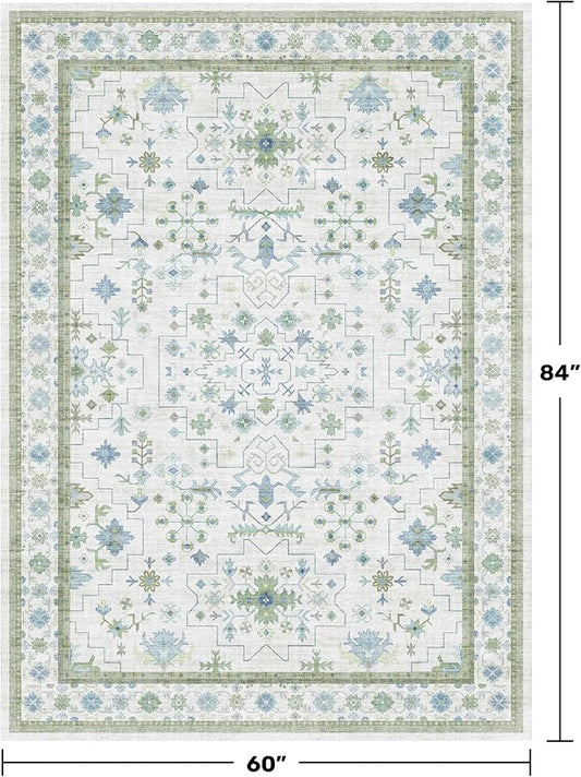 Hazo Haus Oushak Area Rug for Bedroom 5x7 - Blue and Green Vintage Boho Floral Geometric, Washable Low Pile Non Slip Area Rugs for Nursery Room, Foyer, Cozy Aesthetic Room Decor