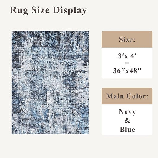 3x4 Washable Entryway Area Rug - Non-Slip Modern Small Indoor Mat for Bathroom,Living Room,Bedroom - Abstract Neutral Soft Low-Pile Throw Carpet with Rubber Backing(Blue)