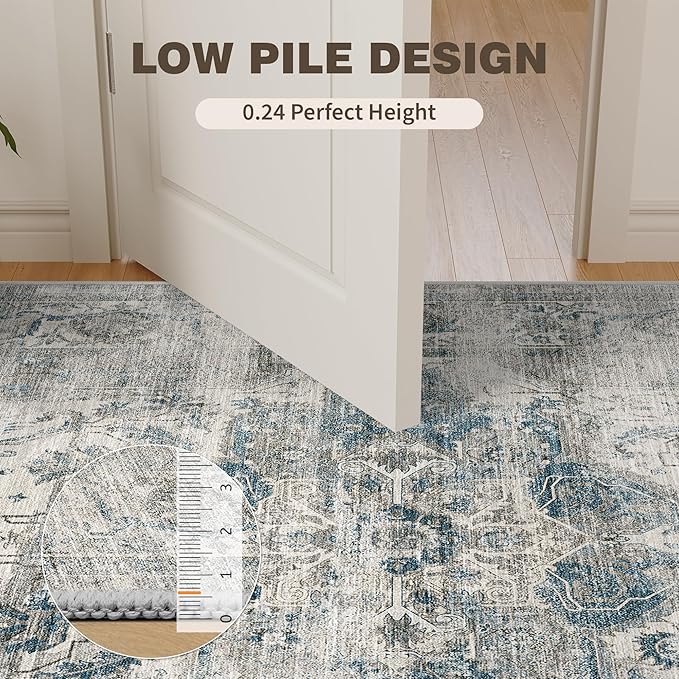 4x6 Area Rugs for Living Room, Machine Washable Non Slip Vintage Rug, Non-Slip Stain Resistant, Large Soft Home Decor Rug for Bedroom Dining Room (Blue/Grey,4'x6')