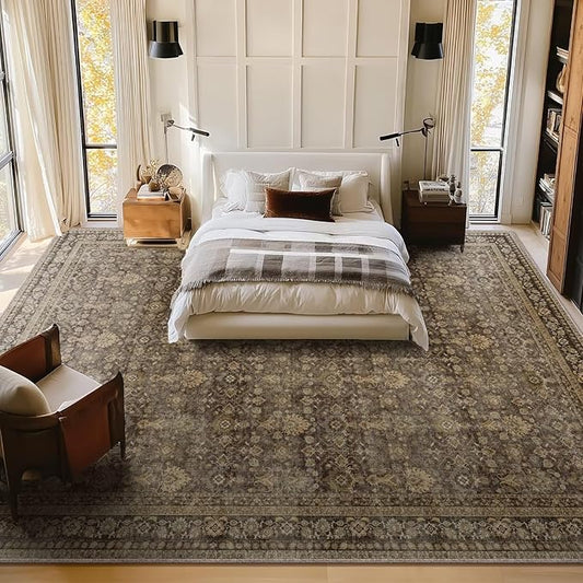 Washable 10x14 Area Rugs for Living Room, Boho Non-Slip Vintage Distress Large Rugs for Bedroom Dining Room Office, 0.3" Neutral Oriental Throw Thin Carpet, Red/Brown/Multi, C4