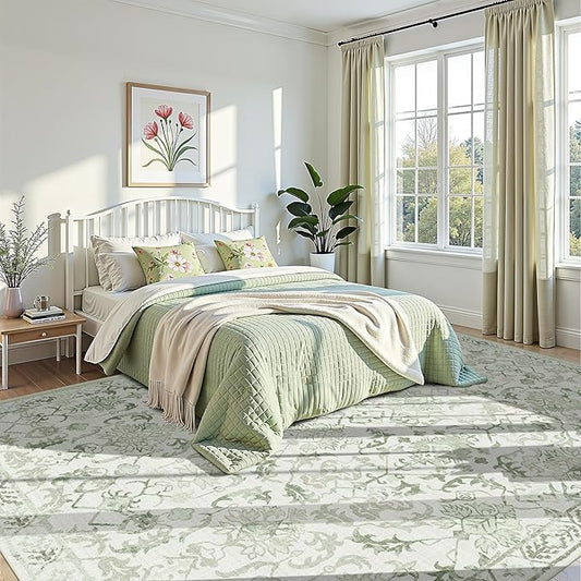 Sage Neutral Large Area Rug10x12 for Living Room, Washable Rug for Dining Room Bedroom, Anti-Slip Low-Pile and Soft Accent Rug Farmhouse Office Home Decor Light Green