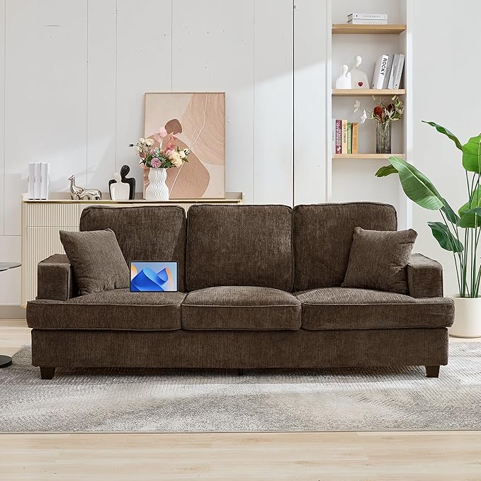 Korser Modern 89" Couches for Living Room, 3-Seater Chenile Couch Sofa with Armrest Deep Seats, Comfortable Mid-Century Sofas for Living Room Bedroom Office Apartment Lounge, Brown
