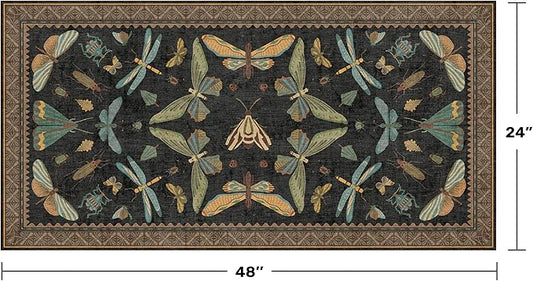 Small Black Entryway Runner Rug - 2x4 Front Door Rug Indoor Entrance, Small Waterproof Carpet for Kitchen Floor, Bathroom, Powder Room, Washable Low Pile Non Slip, Insect Print Multi Color Home Décor