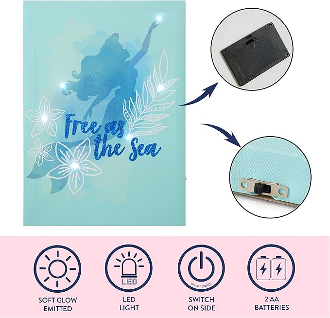 Disney Little Mermaid Free as the Sea Canvas LED Wall Art,Childrens Wall Hanging Décor,11.5"x15.75"