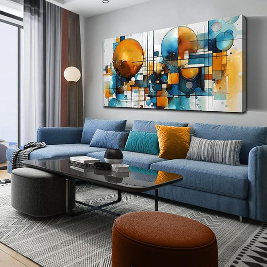 ENTANUB Abstract Wall Art for Living Room, Circle Canvas Wall Decor for Bedroom, Orange and Blue Print Paintings Artwork, Size 29x59 Inches