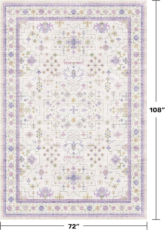 Hazo Haus 6x9 Lavender Rug for Bedroom, Kids Playroom, Non Slip Large Washable Living Room Area Rug, Low Pile Stain Resistant Foldable Boho Fairy Décor