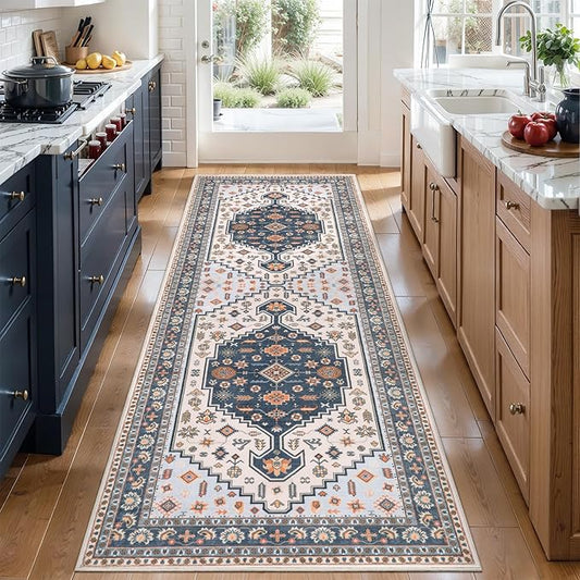 Tangsoo Vintage 2x6 Washable Runner Rug for Hallways,Boho Runner Mat,Blue Beige Low Pile Long Rug Runner Carpet for Kitchen Bedroom Entryway Laundry
