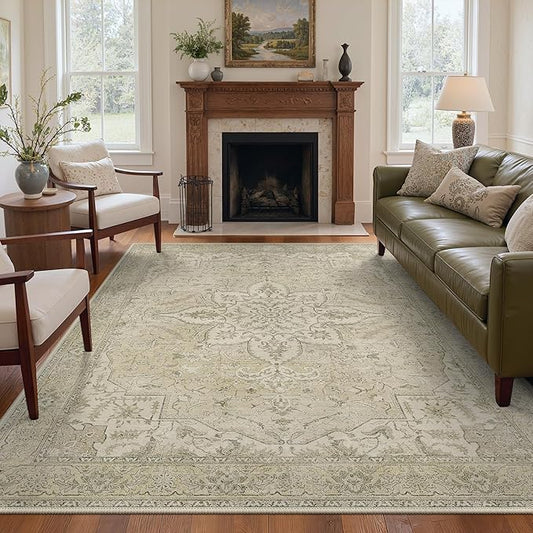 GENIMO 5X7 Washable Vintage Area Rugs for Living Room, Non-Slip Low Pile Chenille Print Rug, Soft Rugs for Bedroom Dining Room Home Office, Linen & Taupe