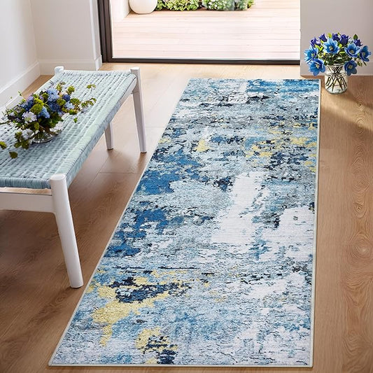 2x5 Runner Rugs for Hallways Kitchen Runner - Washable Runner Rug with Non Slip Rubber Backing, Soft Abstract Carpet Long Hallway Runners for Bedroom, Bathroom, Enterway(Blue)