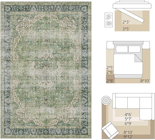FMFUNCTEX 6x9 Green Washable Area Rug Vintage Distressed Oriental Non Slip Low Pile Neutral Indoor Carpet for Living Room Bedroom Soft Retro Floral Thin Large Rug for Dining Nursery Office Dorm