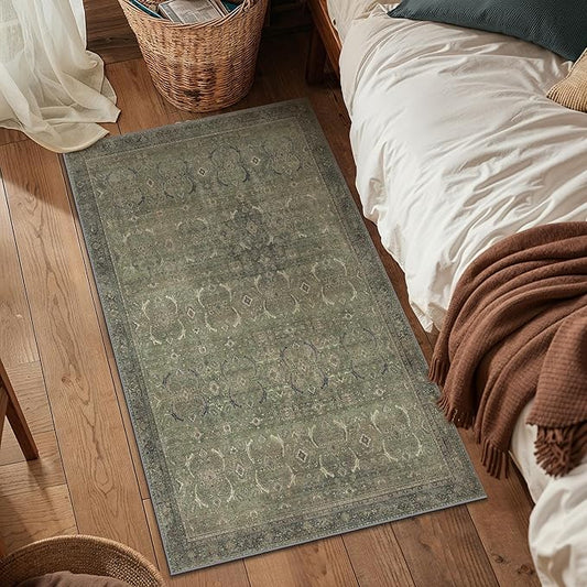 2x3 Entrance Rug Machine Washable Rug Small Door Mat,Ultra-Thin Low Pile Pad,Lightweight Indoor Carpet,Non Slip Floral Area Rug for Entryway,Bedside,Kids Room,Laundry,Bathroom,Muted Green