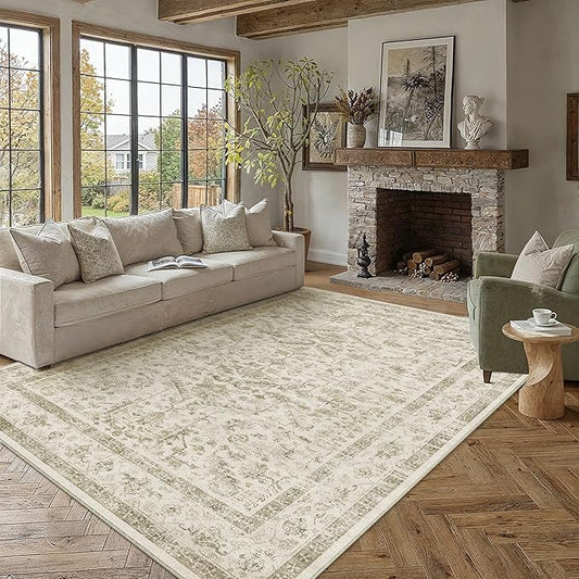 PureCozy Taupe 8x10 Area Rug Vintage Washable Living Room Carpet Non Slip Bedroom Indoor Office Low Pile Large Traditional Distressed Retro Accent Rug for Dining Room Bathroom Kitchen
