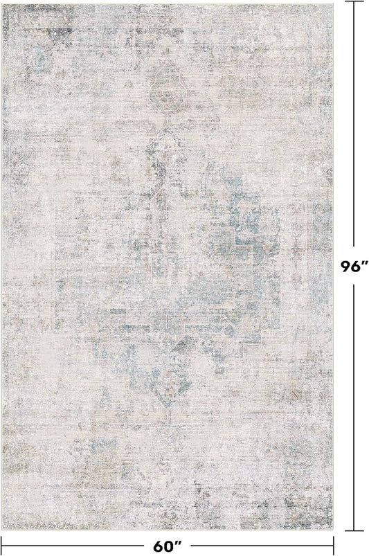 Hazo Haus Blue Abstract Rug for Dining Room - 5x8 Modern Area Rug for Home Office, Foyer, Bedroom, Low Pile & Lightweight