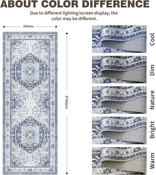 2x5 Washble Hallway Runner Rug - Vintage Non Slip Rugs for Entryway Ultra Soft Stain Resistant Distressed Indoor Low Pile Mat Waterproof Carpet for Living Room Bedroom Laundry Navy/Blue