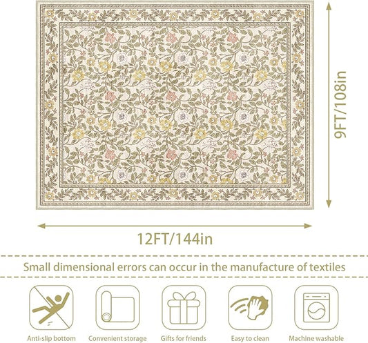 9x12 Floral Area Rug for Living Room Non Slip,Soft Low Pile Stain Resistant Washable Girls Bedroom Large Vintage Rugs,Beige/Multi
