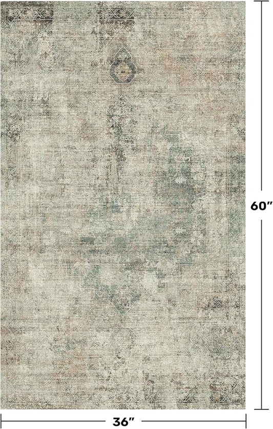 Moss Green Farmhouse 3x5 Large Entryway Rugs Indoor - Non Slip Washable Area Rug for Kitchen, Laundry Room, Low Pile Soft Carpet for Bedroom, Stain Resistant Vintage Indoor Decor
