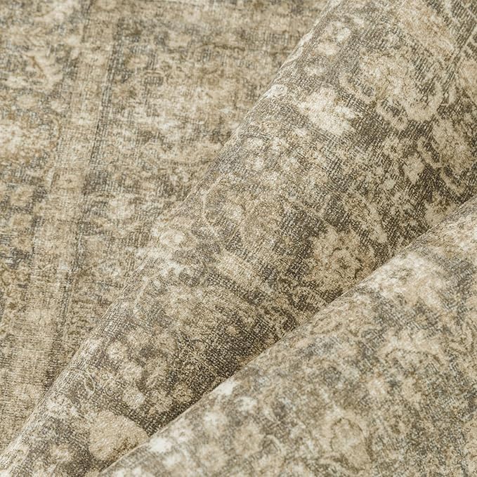 PureCozy Brown Area Rug 6x9 Machine Washable Vintage Living Room Distressed Non Slip Carpet Traditional Indoor Bedroom Retro Floral Accent Throw Large Rug for Office Kitchen Dining Room