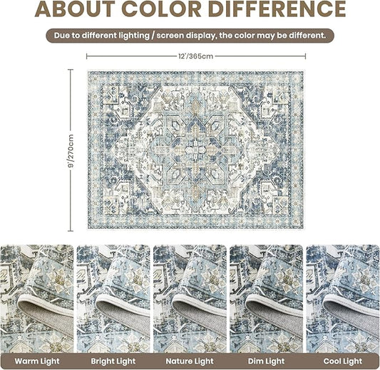 zesthome 9x12 Area Rugs-Washable Rug for Living Room, Non-Slip Backing Rugs, Stain Resistant 9x12 Rug for Bedroom, Ultra-Thin Low Pile Rugs, Vintage Large Home Decor