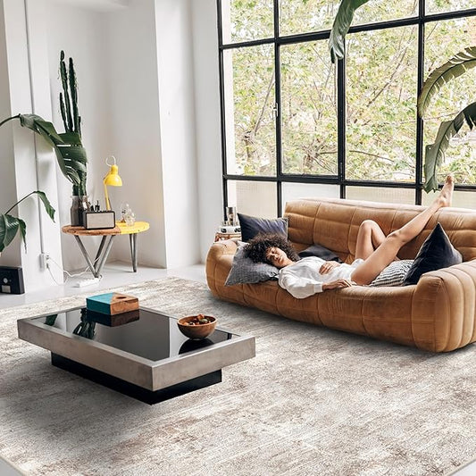RUUGME 9X12 Abstract Area Rug:Large Washable Living Room Rug Non Slip Low Pile Carpet for Bedroom Soft Foldable Stain Resistant Distressed Thin Rug for Dining Room Kitchen 9X12 Brick/Brown/Beige