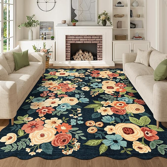 DUKINO 6x9 Area Rug, Floral Washable Rugs for Living Room with Non Slip Backing & Non-Shedding, Lightwight Low Pile Boho Design Large Carpets for Bedroom, Living Room, Dining Room, Black