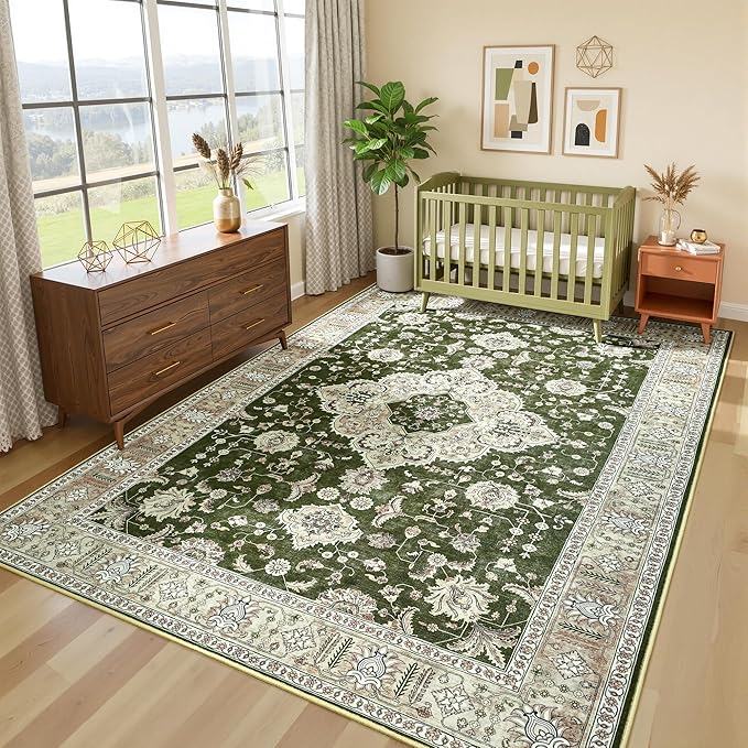Maxsoft Large Area Rugs for Living Room Bedroom, 6x9 Green Washable Rug with Rubber Backing, Non-Slip and Stain Resistant Soft Throw Indoor Carpet for Dining Room Office Kitchen Dorm Home Decor