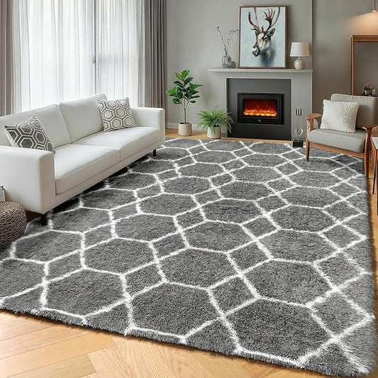 ONASAR Area Rugs for Bedroom Living Room, 4x6 Fluffy Grey and White Floor Rug, Shaggy Geometric Soft Plush Fuzzy Carpet for Nursery Teen Playroom Dorm Office Home Decor Aesthetic