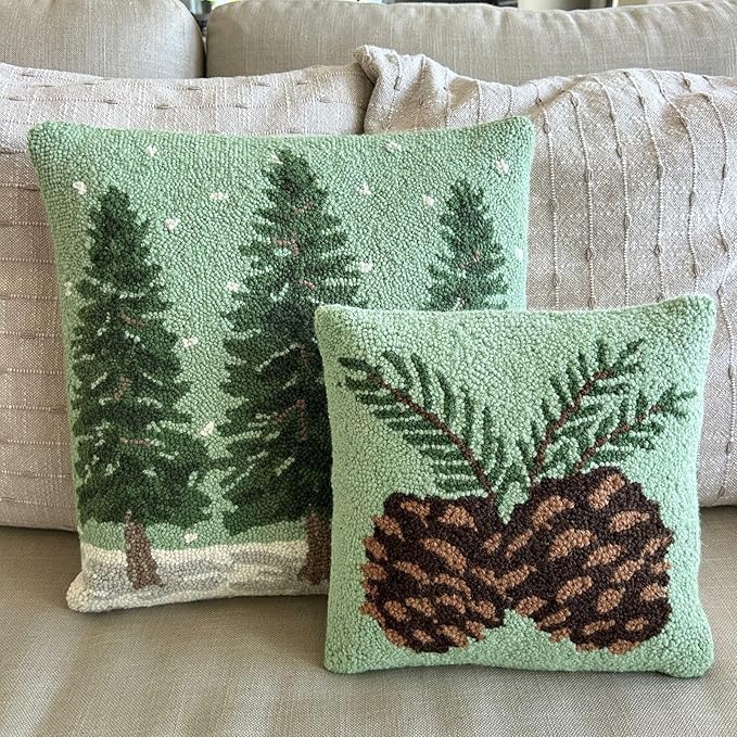 Hand Hooked Christmas Pillow - 12X12 inches Throw Pillow for Couch or Dorm (Pinecones)