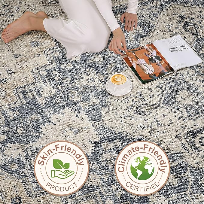 8x10 Area Rugs Living Room: Washable Boho Large Neutral Vintage Soft Rug Stain Resistant Distressed Farmhouse Non-Slip Indoor Floor Carpet for Bedroom Nursery Kids Office Dining Room- Brown Blue