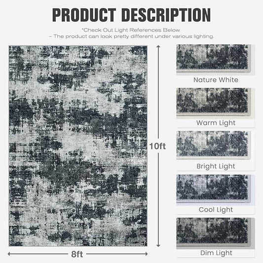 Area Rug 8x10 Living Room Rug Washable: No-Slip Abstract Soft Thin Large Black Rugs, Indoor Floor Stain Resistant Modern Carpet for Bedroom Dining Room Farmhouse Nursery Home Office (Black, 8'x10')