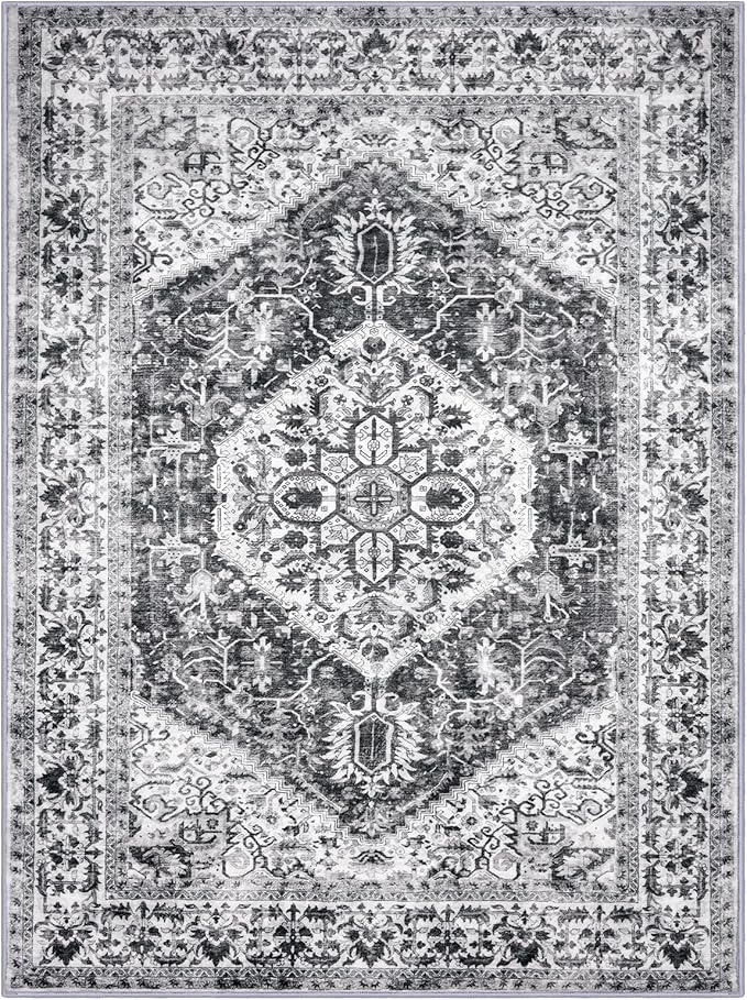 KOZYFLY Boho Area Rug 9x12 Ft Thin Rugs for Living Room Washable Bedroom Rug Non Slip Rugs for Dining Room Printed Faux Wool Area Rug Floor Carpet for Dining Room Living Room, Grey