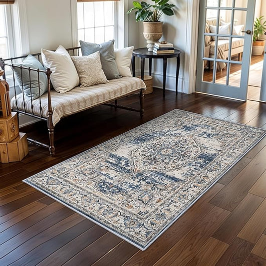 YOUFORTONG Washable Rug 3x5 Area Rugs: Soft Ultra Thin Low Pile Mat Machine Washable Indoor Doormat Lightweight Entry Rug Anti Slip Backing Rugs for Living Room Bedroom Kitchen 3'x5' Blue
