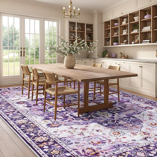 4x6 Area Rugs for Living Room, Machine Washable Vintage Rug, Non-Slip Low Pile Throw Rugs with Rubber Backing Washable Carpet for Bedroom Dining Room Kitchen Home Decor, Purple