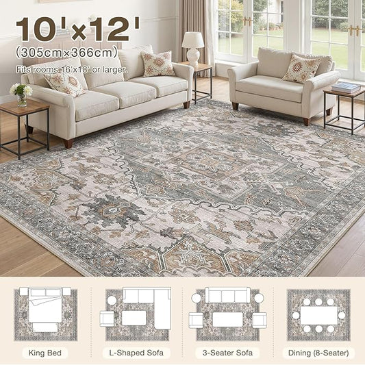 10x12 Washable Area Rugs for Living Room: Non Slip Vintage Gray Brown Rug, Large Soft Stain Resistant Indoor Floor Carpets for Bedroom Dining Room Nursery Home Office Kid & Pet Friendly