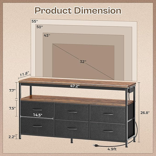 Huuger LED TV Stand for Bedroom, 47 Inch Dresser TV Stand for 43, 50, 55 Inch TV, Rustic Black TV Stand with Storage, Entertainment Center with Power Outlets, 6 Drawer Fabric Dresser for Living Room