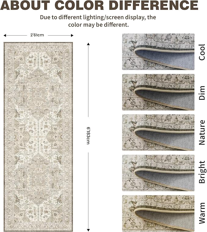 2x6 Washable Hallway Runner Rug - Kitchen Rugs with Non Slip Backing Vintage Soft Farmhouse Entryway Mat for Living Room Laundry Bedroom Brown/Ivory