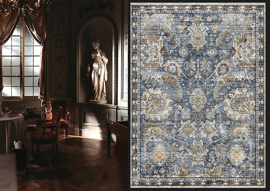 RUGSURE Washable Area Rugs - Stain & Water Resistant Non-Slip Backing - Pet & Child Friendly Vintage Tribal Design in Navy with Beige, Brown & Gold Accents - Ideal for Living Room (8' x 10')