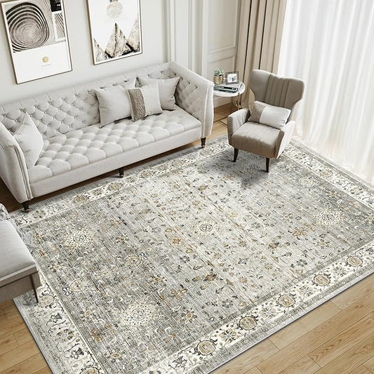 6x9 Area Rugs for Living Room, Machine Washable Non Slip Vintage Rug, Non-Slip Stain Resistant, Large Soft Home Decor Rug for Bedroom Dining Room (Ivory/Gray,6'x9')