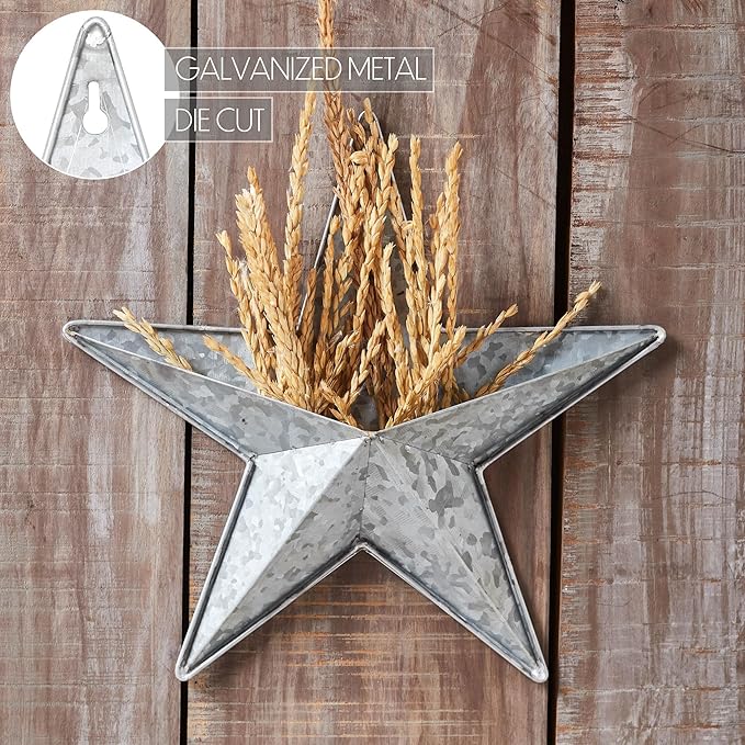 VHC Brands Patriotic Faceted Metal Star Galvanized Wall Hanging w/Pocket 12x12, Independence Day Decor, American Star with display pocket, Distressed Appearance Wall Hanging, Grey