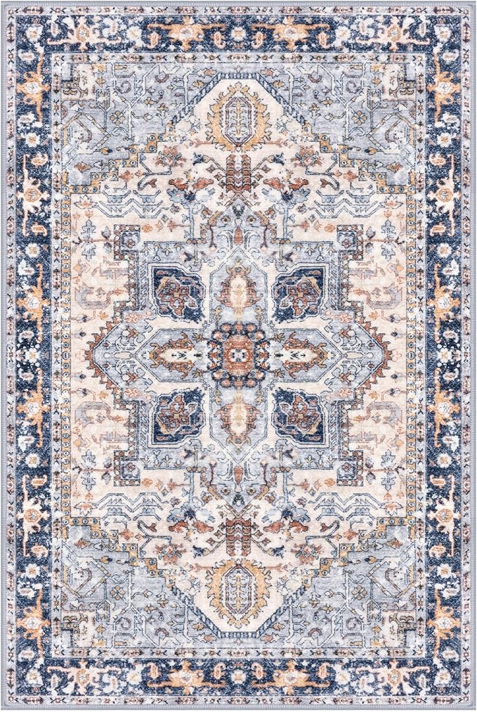 KOZYFLY Small Area Rug 2x3 Ft Rugs for Entryway Washable Boho Entry Rug Non Slip Door Mat Indoor Entrance Faux Wool Vintage Printed Kitchen Rug Throw Rugs for Entrance Kitchen, Blue Gray/Cream