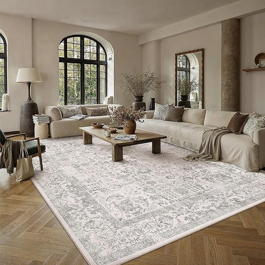 PureCozy Gray Area Rug 10x12 Machine Washable Large Vintage Living Room Distressed Non Slip Carpet Traditional Indoor Bedroom Grey Retro Floral Accent Throw Rug for Office Kitchen Dining Room
