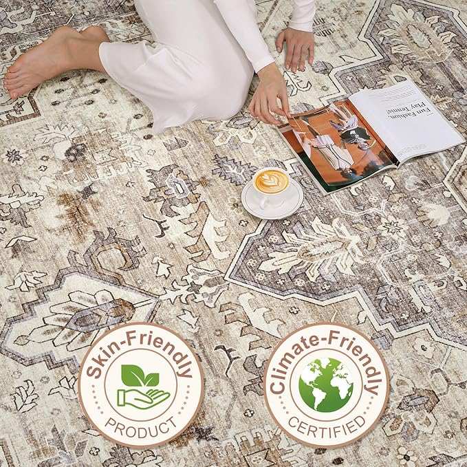 Runner Rug Kitchen Washable Rugs: 2x5 Non-Slip Boho Soft Vintage Stain Resistant Indoor Floor Neutral Farmhouse Throw Carpet for Hallway Bathroom Laundry Room Entryway Bedroom- Brown