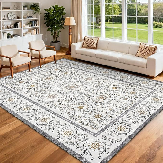 GarveeHome Boho 8x10 Area Rugs for Living Room, Floral Vintage Rugs for Bedroom with Soft Low Pile, Non Slip Stain Resistant Washable Rug 8x10 for Dining Room Grey Large Carpet for Office Playroom